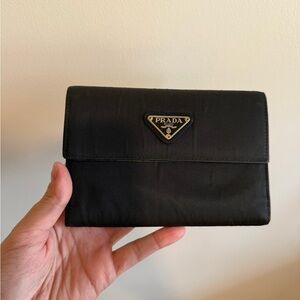 Prada Classic Black Triangular Logo Trifold Long Wallet